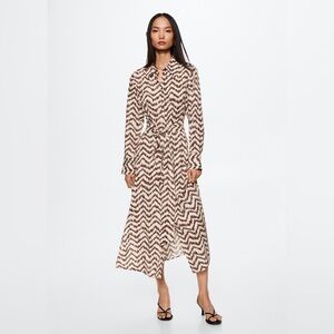 Mango MNG Printed Shirt Dress Belted Midi Brown